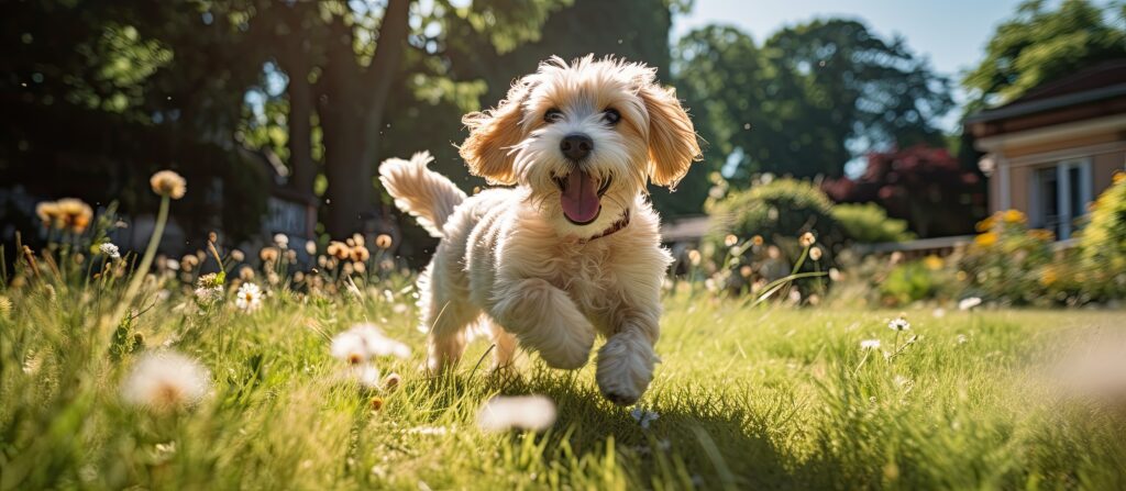 Happy pet dog playing on green grass lawn in full length portrait on summer day