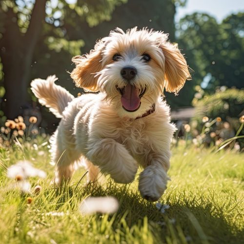 Happy pet dog playing on green grass lawn in full length portrait on summer day